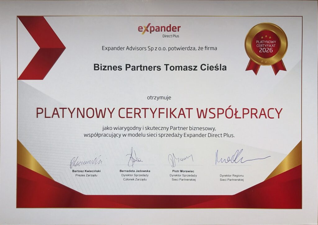 PLATYNOWY CERTYFIKAT WSPÓŁPRACY jako wiarygodny i skuteczny Partner biznesowy, współpracujący w modelu sieci sprzedaży Expander Direct Plus dla Biznes Partners Tomasz Cieśla.